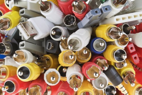 A close-up image of a large collection of variously colored plastic electrical plugs and connectors, primarily in shades of yellow, white, red, and black, piled together with some showing metal prongs and others featuring plastic casings. The plugs are arranged in a random, overlapping manner, occupying the foreground and filling the entire frame. The background appears blurred but hints at a workspace or storage area. The textured surfaces of the plugs reflect light, revealing details of their form and material. This image showcases items commonly encountered in rubbish removal tasks associated with household and electronic waste disposal services provided by House Clearance Slough, based in the Slough area, and is relevant to their services in managing electrical disposal and waste collection.
