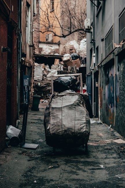 A sanitation worker wearing a high-visibility orange and yellow vest is operating a large red rubbish collection truck on a roadside, with the vehicle's rear hopper open as it loads waste. The worker